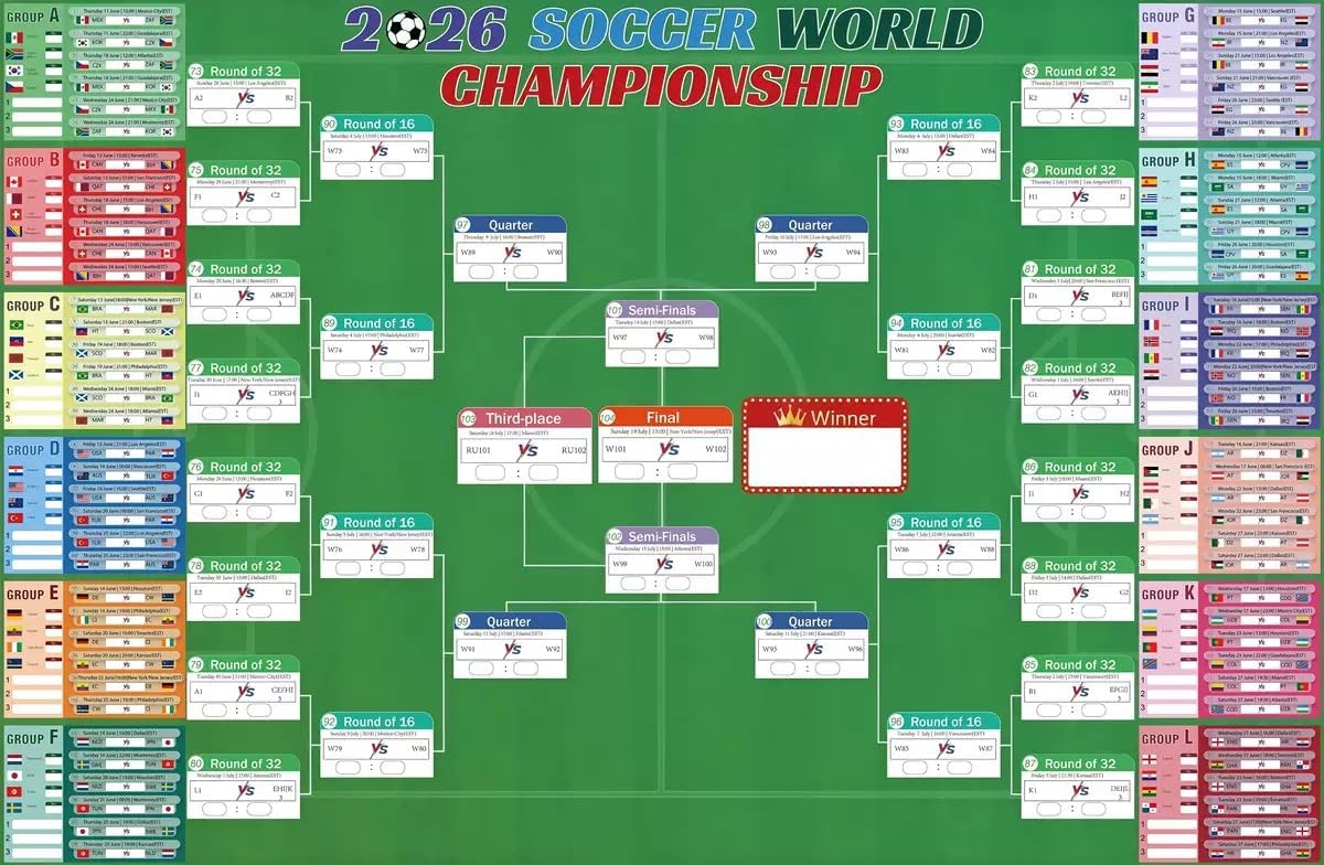 ملصق جداري لبطولات كرة القدم 2026 مقاس 80 × 125 سم لجميع المجموعات ومراحل خروج المغلوب مقاس كبير مثالي لمحبي البالغين وديكور المنزل، اصدار الامارات العربية المتحدة مباريات حسب توقيت دبي