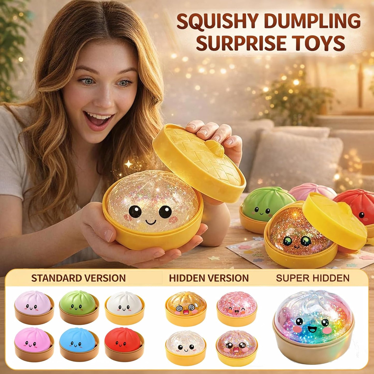Random Dumpling Squishies Mystery Box, 11 Colors Random Mystery Glitter Dumpling Squishies Toy Gift Box, Colorful Stress Balls Fidget Sensory Toy Desk Toys for Kids Adults (1 pcs)