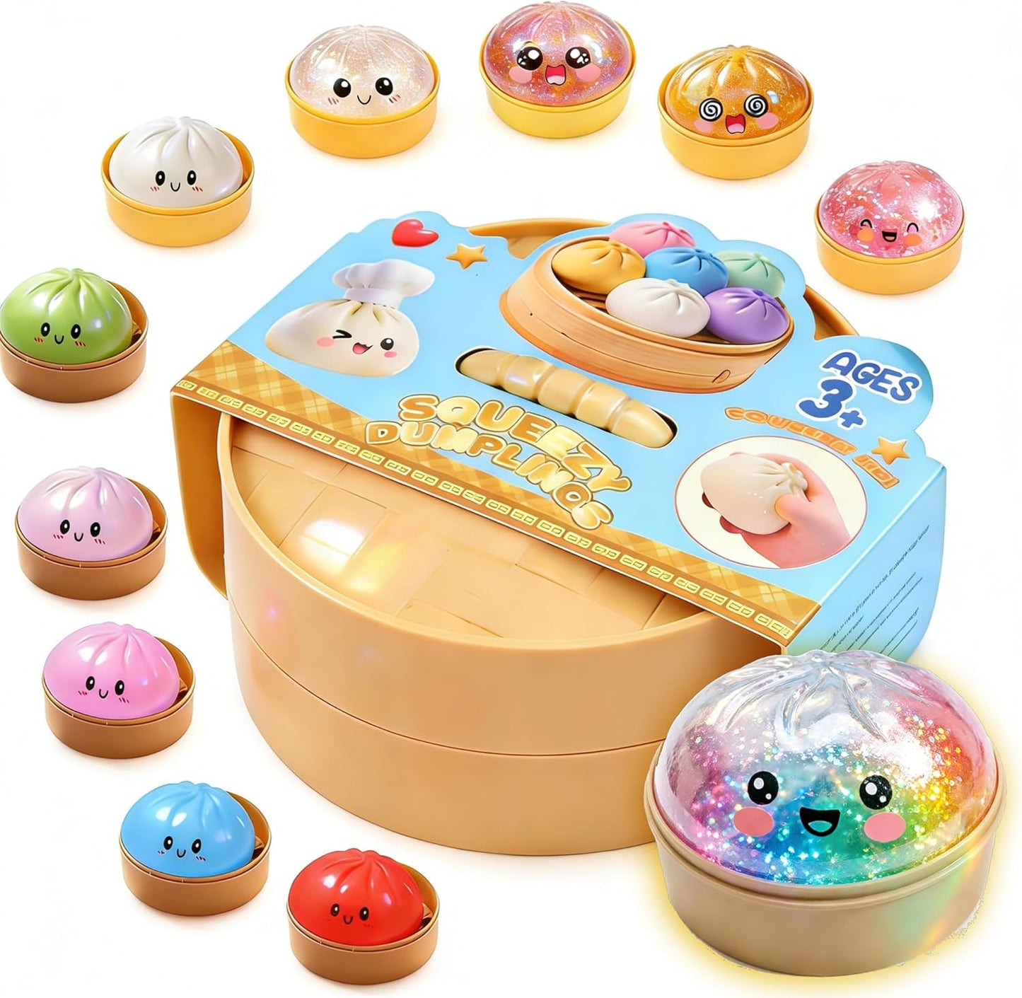 Random Dumpling Squishies Mystery Box, 11 Colors Random Mystery Glitter Dumpling Squishies Toy Gift Box, Colorful Stress Balls Fidget Sensory Toy Desk Toys for Kids Adults (1 pcs)